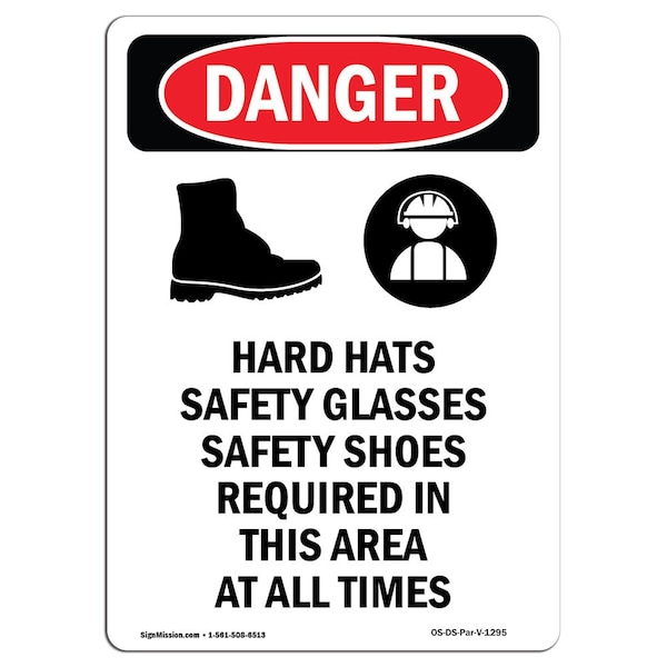 Signmission OSHA Danger Sign, Hard Hats Safety Glasses, 24in X 18in Aluminum, 18" W, 24" H, Portrait OS-DS-A-1824-V-1295 - main
